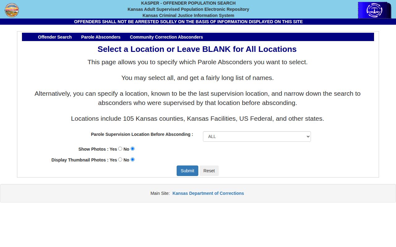 Reno County parole absconder record lookup in Kansas